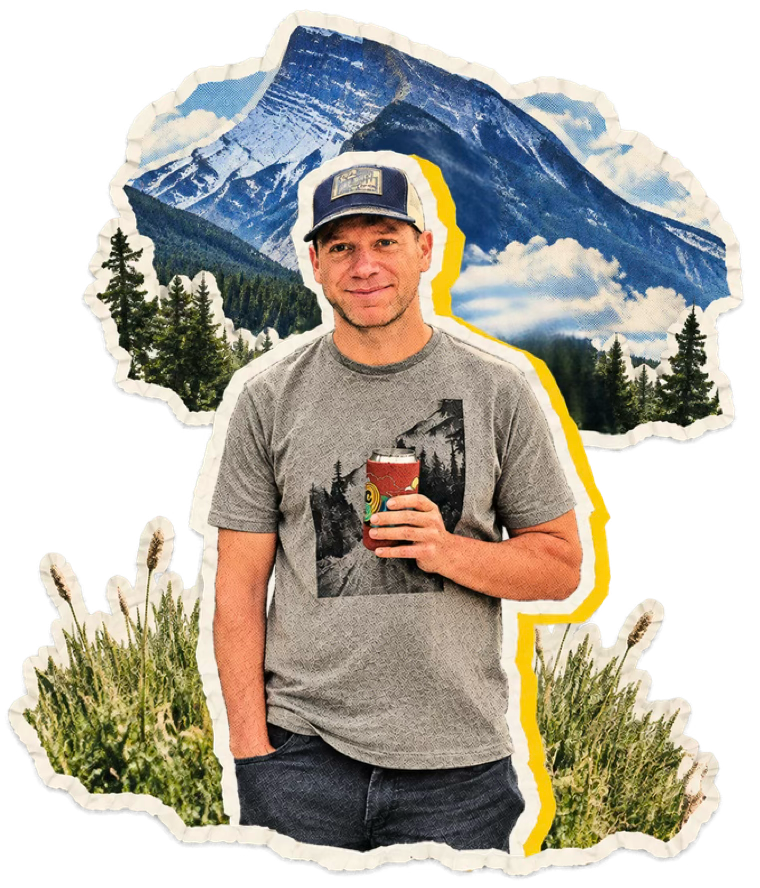 Tommy Strauss with a coffee, framed by a mountain and forest collage